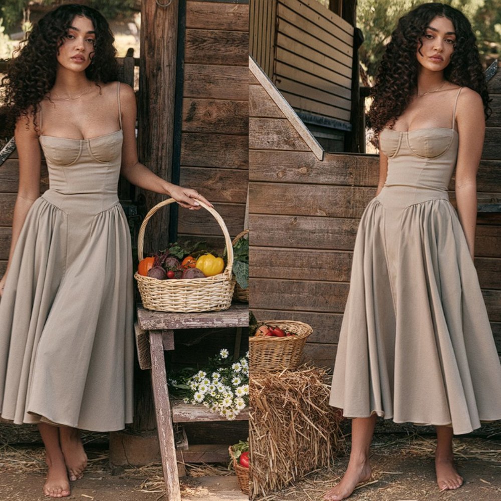 HOUSE OF CB 'Samaria' Taupe Corset Midi Sun Dress NWOT - Picture 4 of 16